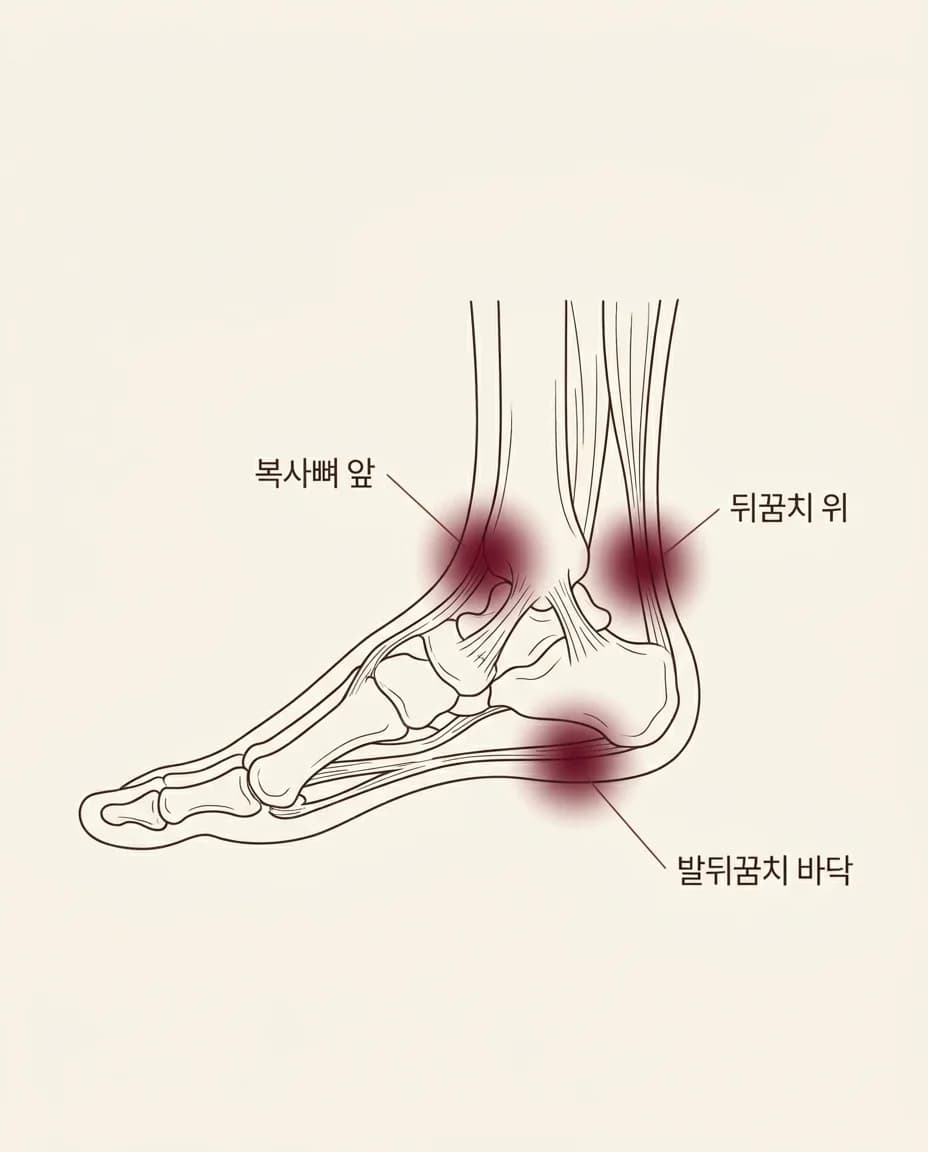 발목·발 통증 위치 안내 그림 — 복사뼈 앞·발뒤꿈치 바닥·뒤꿈치 위