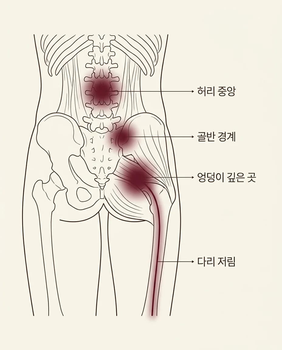 허리 통증 위치 안내 그림 — 허리 중앙·골반 경계·엉덩이 깊은 곳·다리 저림