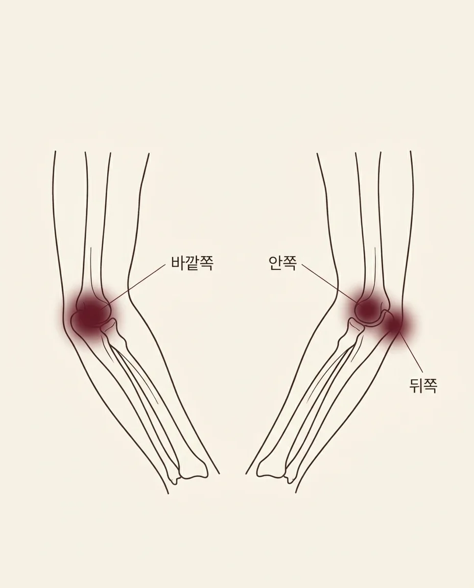 팔꿈치 통증 위치 안내 그림 — 바깥쪽·안쪽·뒤쪽