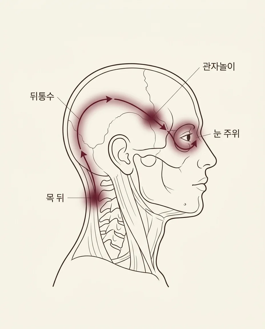 두통 연관통 경로 안내 그림 — 목 뒤에서 뒤통수·관자놀이·눈 주위로