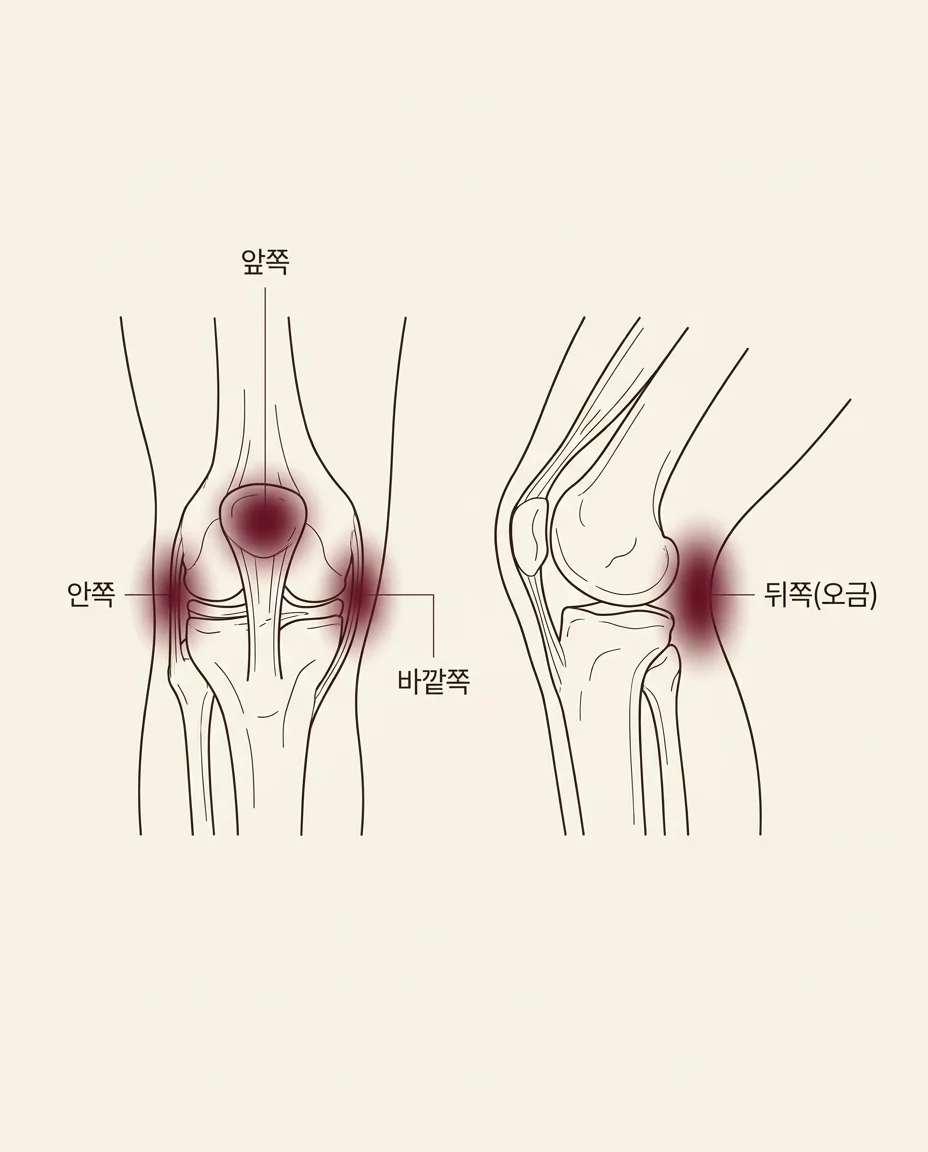 무릎 통증 위치 안내 그림 — 앞쪽·안쪽·바깥쪽·뒤쪽(오금)