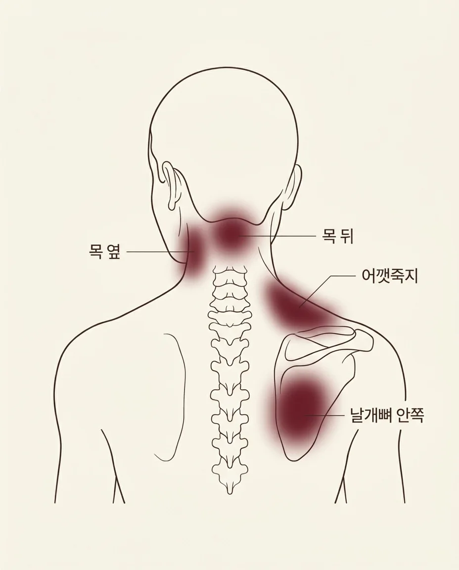 목·어깨 결림 위치 안내 그림 — 목 옆·목 뒤·어깻죽지·날개뼈 안쪽