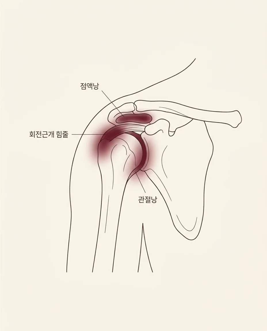 어깨 구조 안내 그림 — 회전근개 힘줄·점액낭·관절낭