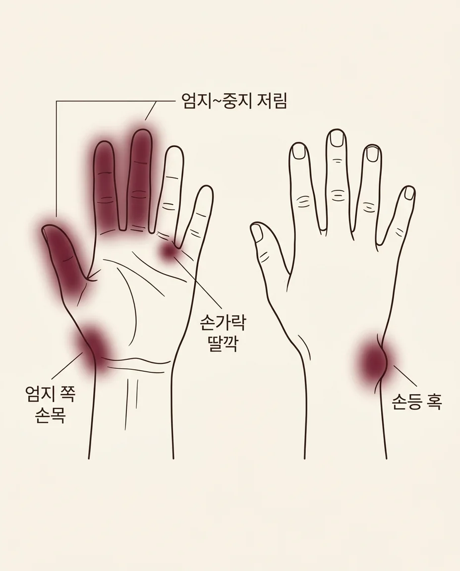손목·손 통증 위치 안내 그림 — 손저림·엄지 쪽 손목·손가락·손등