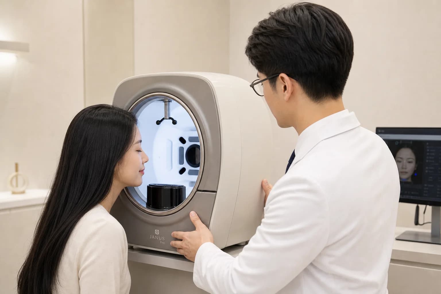 야누스 피부 진단 장면 — 환자와 의료진